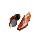 Cesareo — Men's Tan Cognac Hand-Burnished Leather Cap-Toe Square-Toe Lace-Up Oxford Dress Shoes with Patina Finish - Image 2
