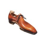Nobile — Men's Tan Cognac Hand-Burnished Leather Wholecut Plain-Toe Chisel-Toe Derby Dress Shoe with Stacked Leather Heel