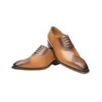 Rinaldo — Men's Tan & Dark Brown Two-Tone Leather Cap-Toe Quarter Brogue Lace-Up Oxford Dress Shoes