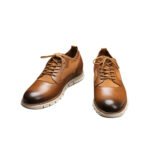 Dinamico — Men's Tan Cognac Leather Plain-Toe Hybrid Oxford Dress Sneakers with White EVA Sport Sole