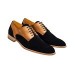 Leandro — Men's Black Suede & Tan Leather Two-Tone Plain-Toe Lace-Up Derby Smart Casual Dress Shoes