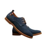 Marino — Men's Navy Blue Suede Plain-Toe Lace-Up Derby Casual Dress Shoes with Tan Leather Laces & Crepe Sole