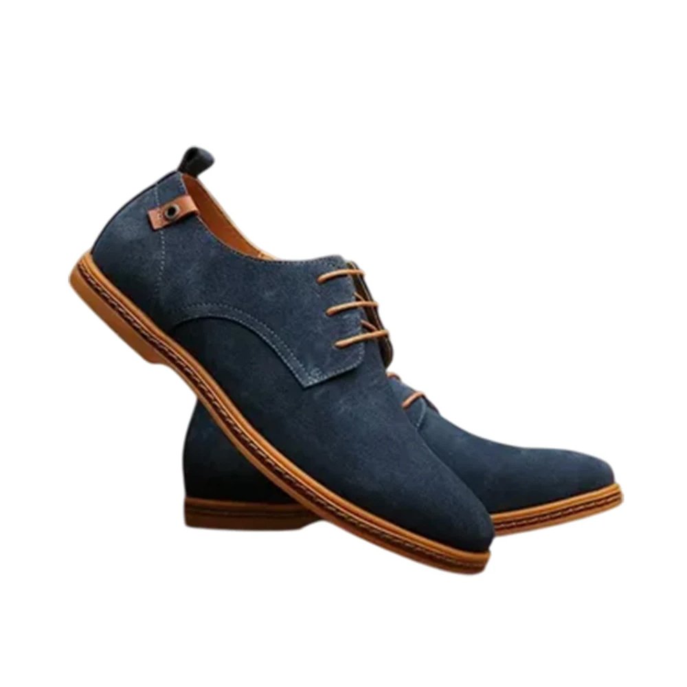 M83 Marino — Men's Navy Blue Suede Plain-Toe Lace-Up Derby Casual Dress Shoes with Tan Leather Laces & Crepe Sole - Image 1