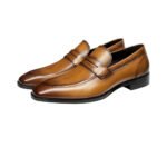 Elegante — Men's Tan Cognac Hand-Burnished Leather Plain Penny Slip-On Loafer Dress Shoes with Leather Sole