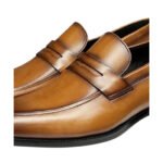Elegante — Men's Tan Cognac Hand-Burnished Leather Plain Penny Slip-On Loafer Dress Shoes with Leather Sole - Image 2