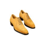 Giallo — Men's Mustard Yellow Suede Cap-Toe Quarter Brogue Square-Toe Lace-Up Oxford Dress Shoes