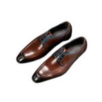 Emanuele — Men's Tan Brown Leather Square-Toe Lace-Up Oxford Dress Shoes with Navy Blue Contrast Laces & Black Trim Detail