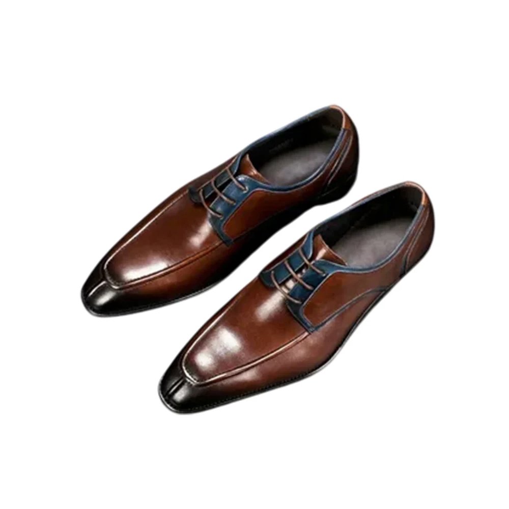 M9 Emanuele — Men's Tan Brown Leather Square-Toe Lace-Up Oxford Dress Shoes with Navy Blue Contrast Laces & Black Trim Detail - Image 1