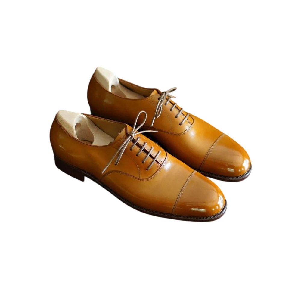 M95 Miele — Men's Tan Honey High-Shine Leather Cap-Toe Lace-Up Oxford Formal Dress Shoes with Grey Laces & Leather Sole - Image 1