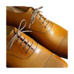 Miele — Men's Tan Honey High-Shine Leather Cap-Toe Lace-Up Oxford Formal Dress Shoes with Grey Laces & Leather Sole - Image 2