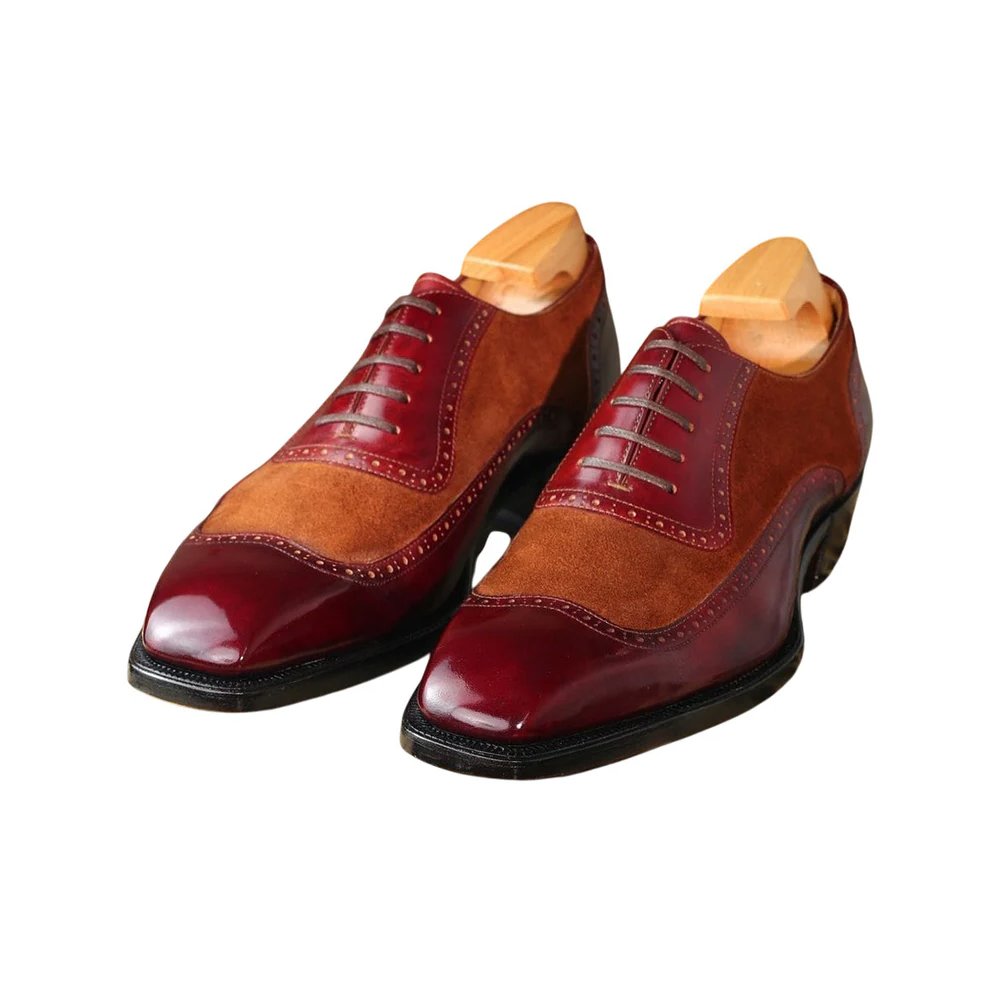 M97 Rubino — Men's Burgundy Patent Leather & Tan Suede Two-Tone Wingtip Full-Brogue Lace-Up Oxford Luxury Dress Shoes - Image 1