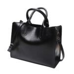 Lucidezza — Women's Jet Black Genuine Wax-Polished Leather Structured Double Top Handle Crossbody Shoulder Handbag