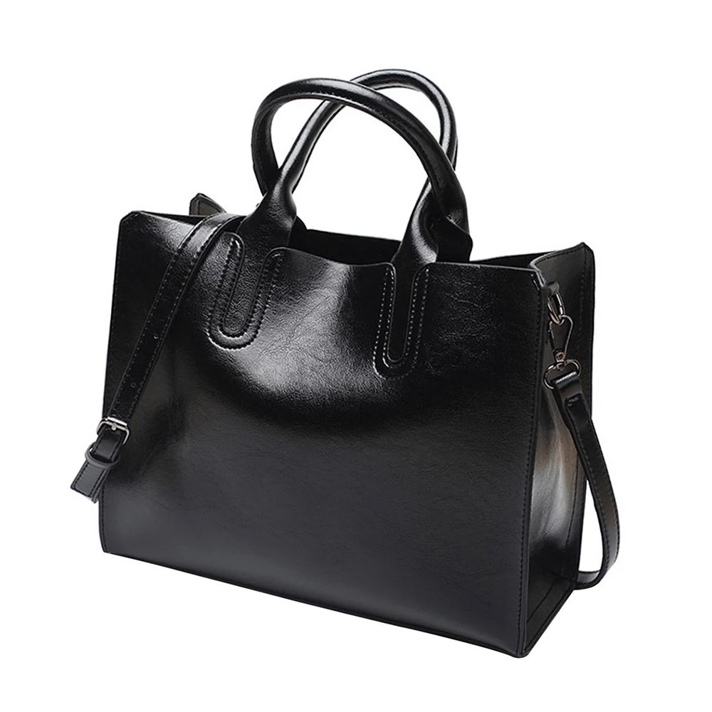 N1 Lucidezza — Women's Jet Black Genuine Wax-Polished Leather Structured Double Top Handle Crossbody Shoulder Handbag - Image 1