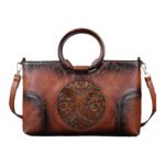 Rotondazza — Women's Dark Cognac Brown Genuine Hand-Tooled Floral Leather Round Ring Handle Crossbody Shoulder Handbag