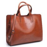Oleazza — Women's Rich Tan Brown Genuine Oil-Waxed Leather Structured Double Top Handle Crossbody Shoulder Handbag