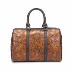 Barocchezza — Women's Cognac Brown Genuine Hand-Tooled Baroque Floral Leather Barrel Boston Top Handle Crossbody Shoulder Handbag