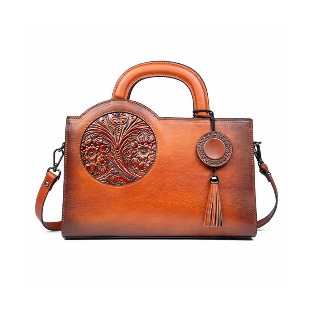 N2 Fiorazza — Women's Cognac Brown Genuine Leather Floral Embossed Round Handle Tassel Crossbody Shoulder Handbag - Image 1