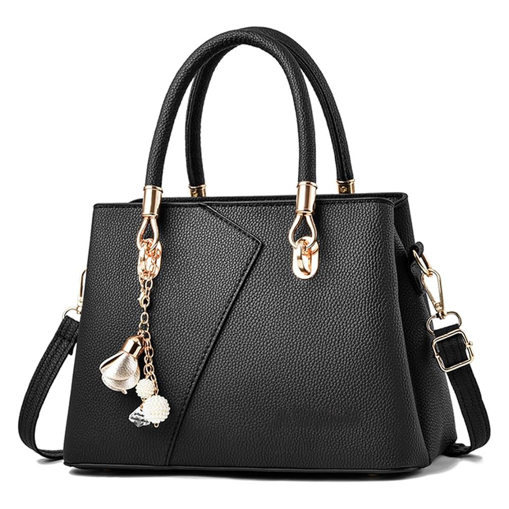 N5 Perleazza — Women's Jet Black Genuine Pebbled Leather Gold-Tone Hardware Pearl Charm Double Top Handle Crossbody Shoulder Handbag - Image 1