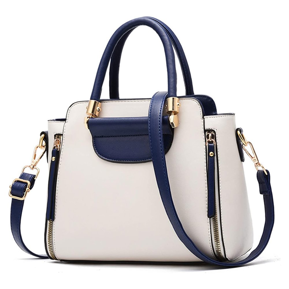 N6 Contrastezza — Women's Two-Tone Ivory White & Navy Blue Genuine Leather Gold-Tone Hardware Double Top Handle Crossbody Shoulder Handbag - Image 1