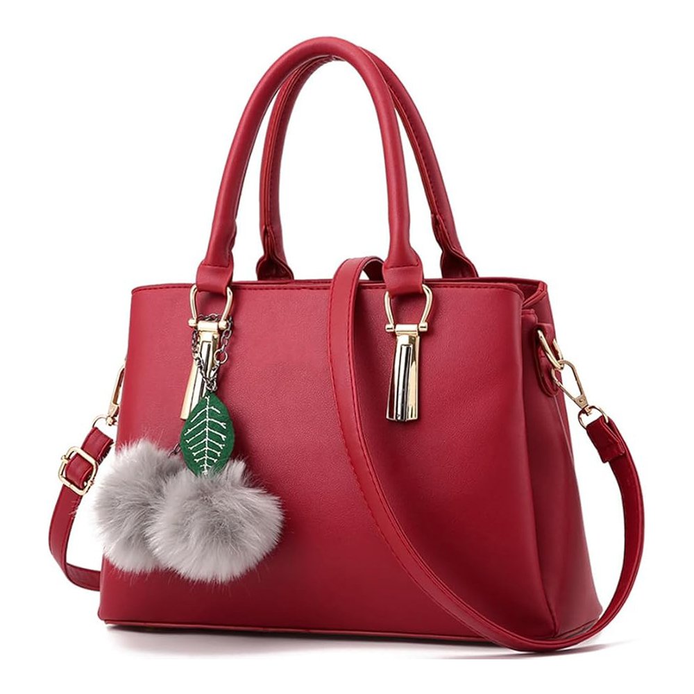 N7 Pomponazza — Women's Deep Cherry Red Genuine Leather Gold-Tone Hardware Fur Pom-Pom Charm Double Top Handle Crossbody Shoulder Handbag - Image 1