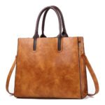 Ambratezza — Women's Warm Amber Brown Genuine Vintage-Wax Leather Structured Large Double Top Handle Crossbody Shoulder Handbag