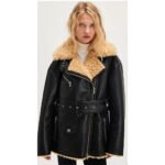 Fiocco — Women's Jet Black Genuine Lambskin Leather Oversized Asymmetric Zip Belted Moto Biker Jacket with Cream Blonde Thick Sherpa Shearling Fur Collar Cuffs Trim Lining Luxe Winter Chic Street Style Outerwear