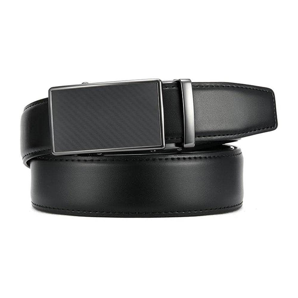 S11 Karvdex — Men's Jet Black Genuine Leather Carbon-Fiber Texture Auto-Ratchet Matte-Plate Buckle Sleek-Edge Modern Executive Business Belt - Image 1