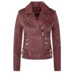 Rosa Ribelle — Women's Deep Burgundy Mauve Genuine Soft Lambskin Leather Slim Fit Asymmetric Diagonal Zip Moto Biker Jacket with Rose Gold-Tone Multi-Zip Buckle Strap Epaulette Lapel Collar Chic Street Style Outerwear