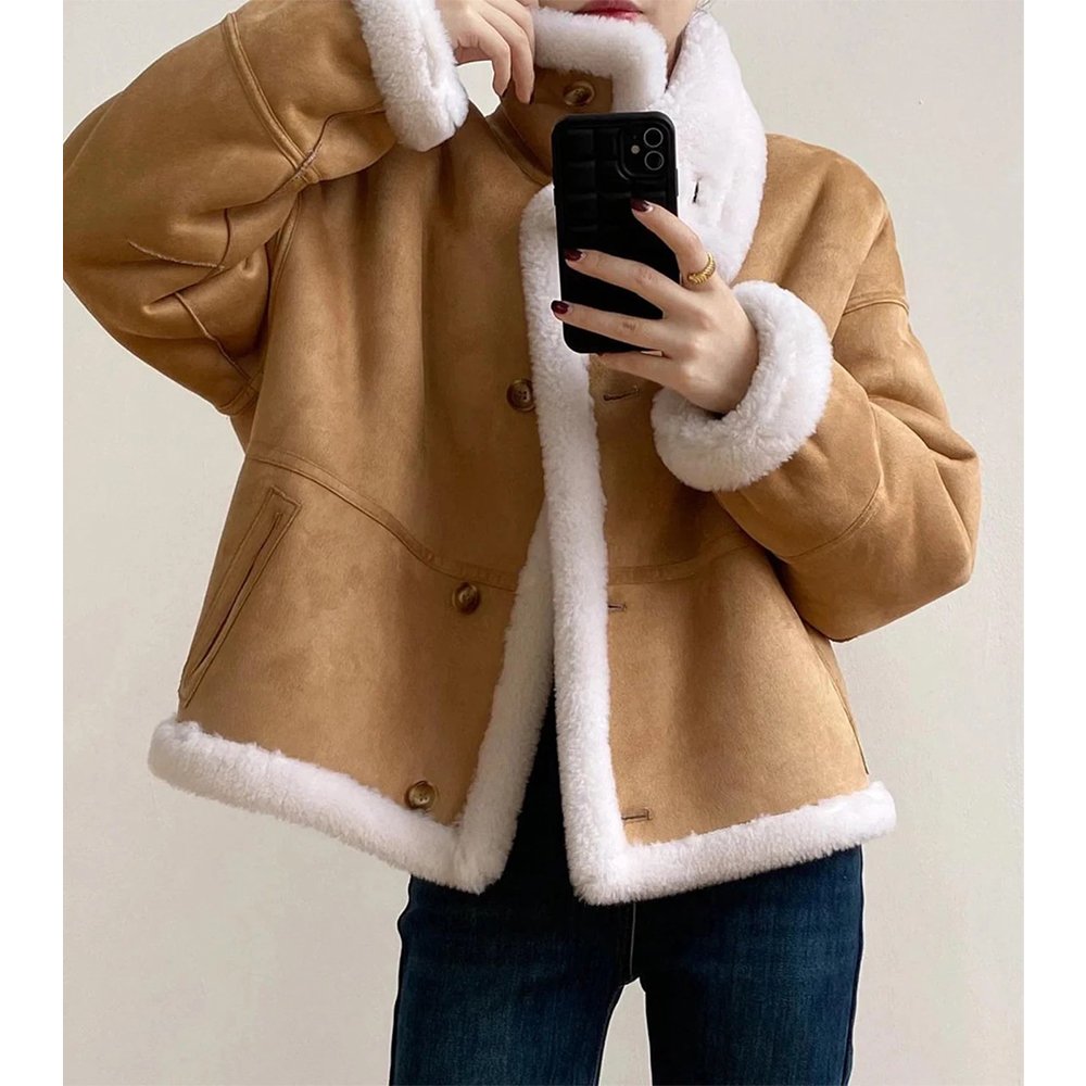 S18 Dolce Agnello — Women's Camel Tan Genuine Suede Leather Relaxed Fit Short Aviator Jacket with Contrast White Cream Thick Sherpa Shearling Fur Collar Cuffs Lining Button-Up Cozy Cute Winter Casual Everyday Outerwear - Image 1