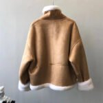 Dolce Agnello — Women's Camel Tan Genuine Suede Leather Relaxed Fit Short Aviator Jacket with Contrast White Cream Thick Sherpa Shearling Fur Collar Cuffs Lining Button-Up Cozy Cute Winter Casual Everyday Outerwear - Image 3