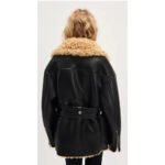 Fiocco — Women's Jet Black Genuine Lambskin Leather Oversized Asymmetric Zip Belted Moto Biker Jacket with Cream Blonde Thick Sherpa Shearling Fur Collar Cuffs Trim Lining Luxe Winter Chic Street Style Outerwear - Image 2