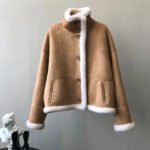 Dolce Agnello — Women's Camel Tan Genuine Suede Leather Relaxed Fit Short Aviator Jacket with Contrast White Cream Thick Sherpa Shearling Fur Collar Cuffs Lining Button-Up Cozy Cute Winter Casual Everyday Outerwear - Image 2