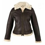 Calda Donna — Women's Dark Espresso Brown Genuine Lambskin Leather Slim Fit B3 Bomber Aviator Flight Jacket with Cream Ivory Thick Sherpa Shearling Fur Collar Cuffs Hem Lining Zip-Up Warm Luxe Winter Outerwear