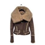 Abbraccio — Women's Dark Mocha Brown Genuine Suede Leather Slim Fit Asymmetric Zip Moto Biker Jacket with Oversized Wrap Camel Tan Curly Shearling Fur Collar Cuffs Trim Lining Cozy Luxe Winter Chic Outerwear
