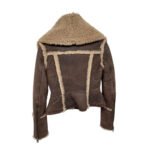 Abbraccio — Women's Dark Mocha Brown Genuine Suede Leather Slim Fit Asymmetric Zip Moto Biker Jacket with Oversized Wrap Camel Tan Curly Shearling Fur Collar Cuffs Trim Lining Cozy Luxe Winter Chic Outerwear - Image 2