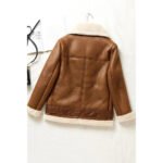 Miele Agnello — Women's Honey Camel Tan Genuine Suede Leather Oversized Belted Asymmetric Zip Moto Biker Jacket with Cream White Thick Sherpa Shearling Fur Lapel Collar Cuffs Lining Cozy Luxe Winter Casual Outerwear - Image 2