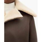 Oro Agnello — Women's Dark Olive Khaki Brown Genuine Lambskin Leather Cropped Slim Fit Aviator Biker Jacket with Cream Ivory Thick Sherpa Shearling Fur Collar Lining Gold-Tone Zip-Up Luxe Minimalist Winter Chic Outerwear - Image 2