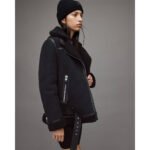 Oscura — Women's Jet Black Genuine Suede Leather Oversized Asymmetric Zip Moto Biker Jacket with Black Sherpa Shearling Fur Collar Cuffs Lining All-Black Tonal Edgy Luxe Winter Street Style Outerwear - Image 2