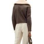 Oro Agnello — Women's Dark Olive Khaki Brown Genuine Lambskin Leather Cropped Slim Fit Aviator Biker Jacket with Cream Ivory Thick Sherpa Shearling Fur Collar Lining Gold-Tone Zip-Up Luxe Minimalist Winter Chic Outerwear - Image 3