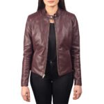 Viola Moto — Women's Deep Plum Burgundy Genuine Soft Lambskin Leather Slim Fit Clean Minimalist Cafe Racer Biker Jacket with Silver-Tone Snap Button Band Collar Zip-Up Sleek Chic Everyday Street Style Outerwear