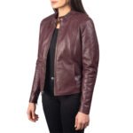 Viola Moto — Women's Deep Plum Burgundy Genuine Soft Lambskin Leather Slim Fit Clean Minimalist Cafe Racer Biker Jacket with Silver-Tone Snap Button Band Collar Zip-Up Sleek Chic Everyday Street Style Outerwear - Image 2