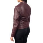 Viola Moto — Women's Deep Plum Burgundy Genuine Soft Lambskin Leather Slim Fit Clean Minimalist Cafe Racer Biker Jacket with Silver-Tone Snap Button Band Collar Zip-Up Sleek Chic Everyday Street Style Outerwear - Image 3