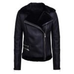 Notte Agnello — Women's Jet Black Genuine Soft Lambskin Leather Slim Fit Asymmetric Diagonal Zip Moto Biker Jacket with Black Thick Sherpa Shearling Fur Lapel Collar Cuffs Lining Silver-Tone Multi-Zip All-Black Tonal Luxe Winter Outerwear