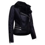 Notte Agnello — Women's Jet Black Genuine Soft Lambskin Leather Slim Fit Asymmetric Diagonal Zip Moto Biker Jacket with Black Thick Sherpa Shearling Fur Lapel Collar Cuffs Lining Silver-Tone Multi-Zip All-Black Tonal Luxe Winter Outerwear - Image 2