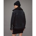 Oscura — Women's Jet Black Genuine Suede Leather Oversized Asymmetric Zip Moto Biker Jacket with Black Sherpa Shearling Fur Collar Cuffs Lining All-Black Tonal Edgy Luxe Winter Street Style Outerwear - Image 3