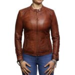 Cognac Donna — Women's Vintage Cognac Tan Genuine Hand-Waxed Lambskin Leather Slim Fit Clean Minimalist Cafe Racer Biker Jacket with Silver-Tone Snap Button Band Collar Multi-Pocket Zip-Up Casual Chic Everyday Street Style Outerwear