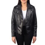 Classica Ribelle — Women's Jet Black Genuine Soft Lambskin Leather Slim Fit Asymmetric Diagonal Zip Moto Biker Jacket with Silver-Tone Multi-Zip Snap Button Lapel Collar Timeless Edgy Chic Everyday Street Style Outerwear