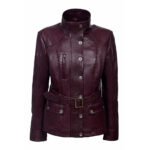 Regina Viola — Women's Deep Plum Burgundy Genuine Soft Lambskin Leather Slim Fit Belted Military Safari Jacket with Silver-Tone Snap Button High Stand Collar Multi-Pocket Elegant Sophisticated Everyday Street Style Outerwear