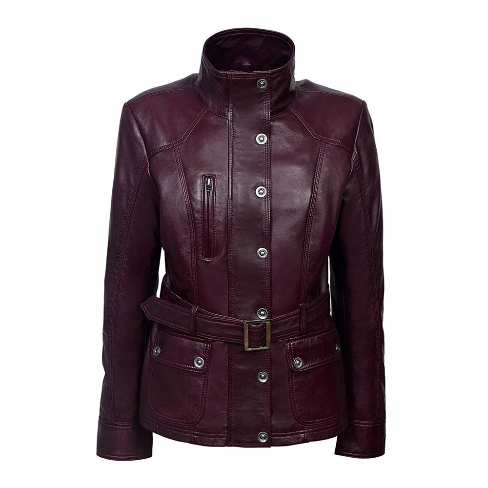 S45 Regina Viola — Women's Deep Plum Burgundy Genuine Soft Lambskin Leather Slim Fit Belted Military Safari Jacket with Silver-Tone Snap Button High Stand Collar Multi-Pocket Elegant Sophisticated Everyday Street Style Outerwear - Image 1