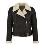 Neve Nera — Women's Jet Black Genuine Suede Leather Slim Fit Asymmetric Diagonal Zip Belted Moto Biker Jacket with Cream Ivory Thick Sherpa Shearling Fur Lapel Collar Cuffs Hem Lining Silver-Tone Zip Luxe Winter Chic Outerwear